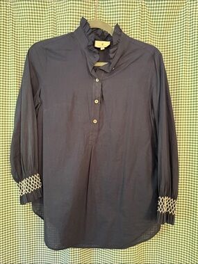 Tuckernuck Navy Ruffle Collar Button Tunic Top